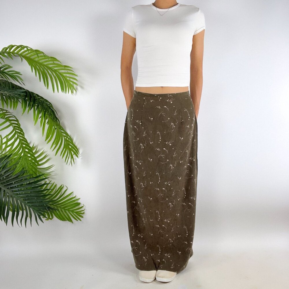 Vintage 90s Olive Green Floral Cottagecore Boho Prairie Fairy Maxi Skirt / 11